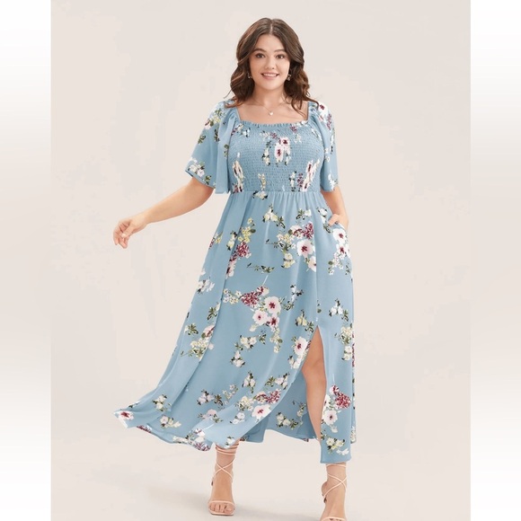 BloomChic Plus Size 4XL Floral Square Neck Ruffles Pocket Shirred Split Dress - Picture 1 of 3